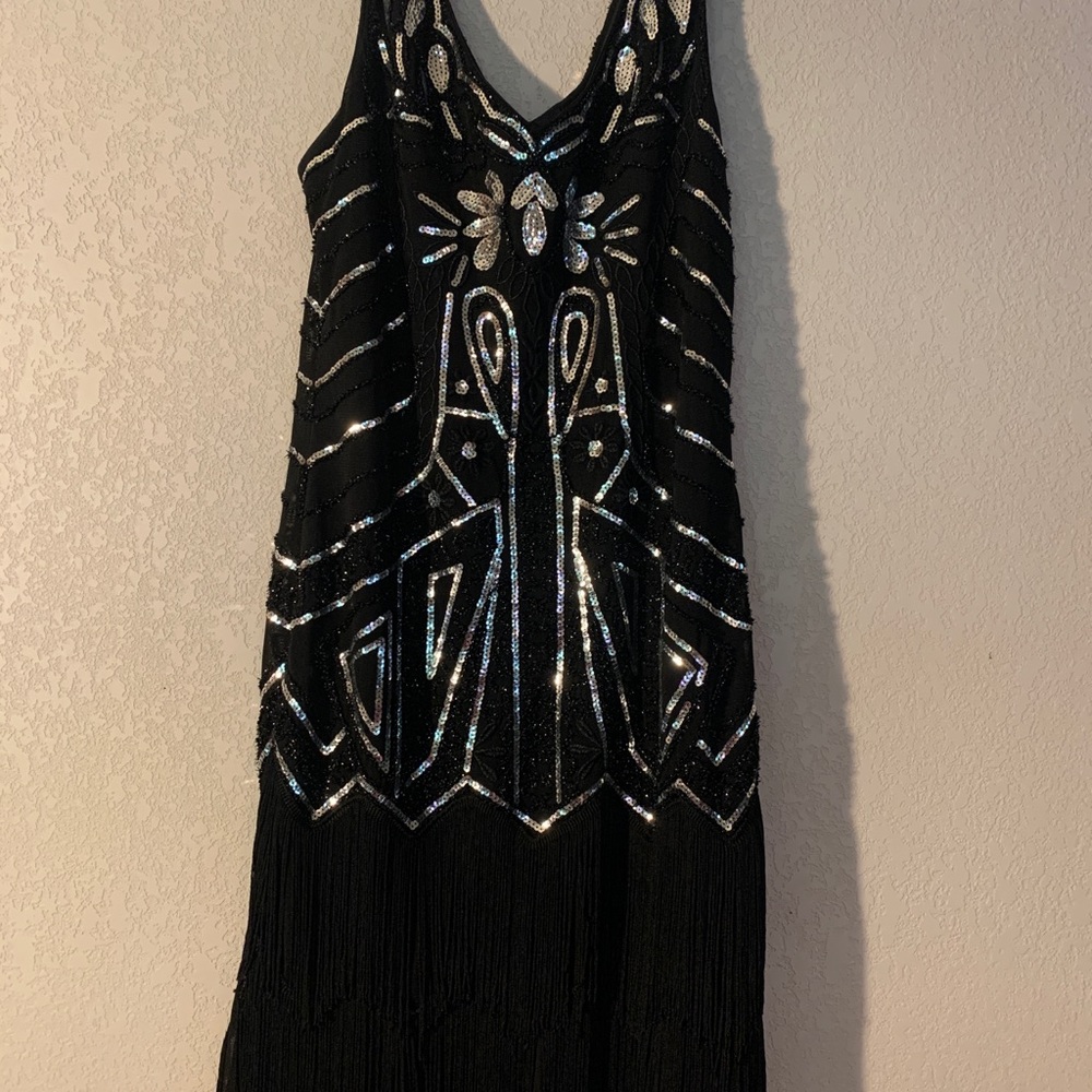 1920’S PARTY SILVER SEQUINS & BEADED DRESS Sz L/LX